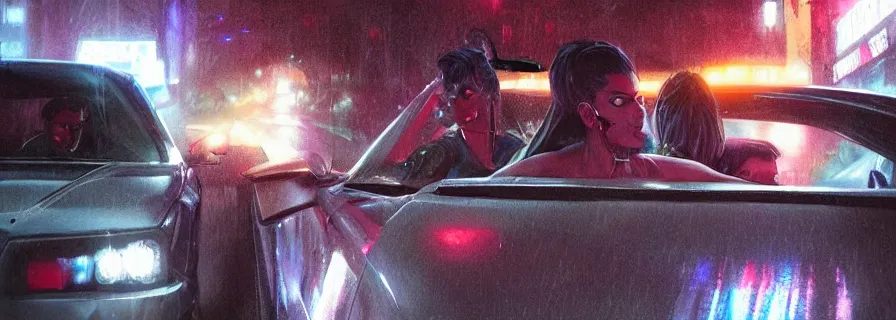 Image similar to a squad riding to party in car, rain, harsh neon lights, highly detailed, digital painting, trending on artstation, concept art, sharp focus, illustration, art by artgerm and greg rutkowski and magali villeneuve