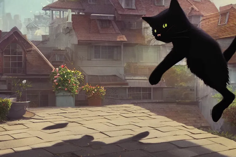 Prompt: a wholesome animation key shot of a black cat jumping between roofs with tiles, medium shot, studio ghibli, pixar and disney animation, sharp, rendered in unreal engine 5, anime key art by greg rutkowski, bloom, dramatic lighting