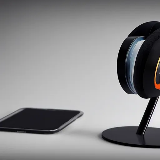 Image similar to wireless headphone stand, futuristic, techno, cyberpunk, product design, render, concept, fun, geometric