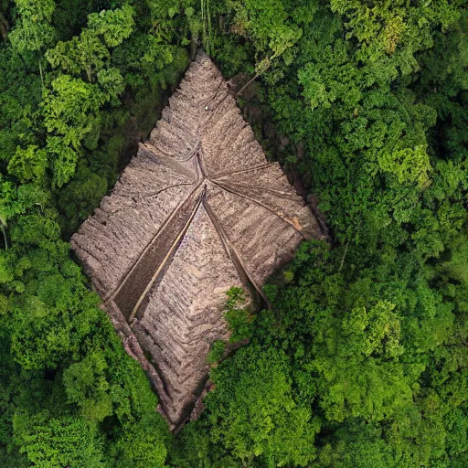 Image similar to aerial hd photographs of an uncontacted tribe from the amazon with tribe members looking up around a giant magical pyramid