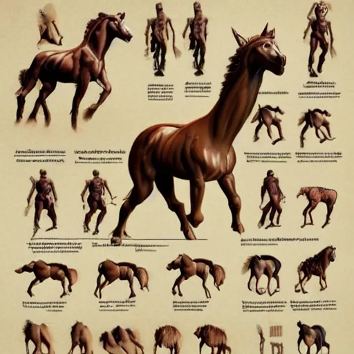 Prompt: centaur centaur centaur anatomy reference sheet, 8k, very detailed.