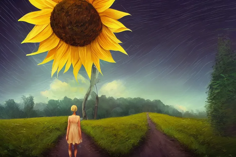 Prompt: giant sunflower as a head, girl walking between trees, hills, surreal photography, dark night, star trails, dramatic light, impressionist painting, clouds, digital painting, artstation, simon stalenhag