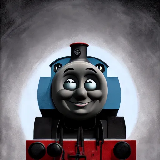 Prompt: gloomy and frightening thomas the engine goes straight to hell, artstation