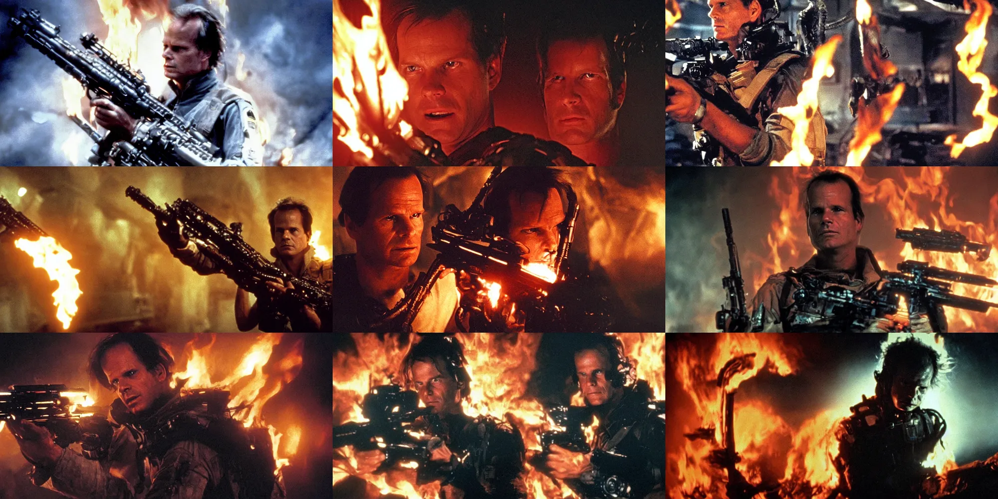 Prompt: Portrait of Colonial Marine Hudson (Bill Paxton) holding a pulse rifle, darkness and flames, dramatic lighting , film still from Aliens by James Cameron