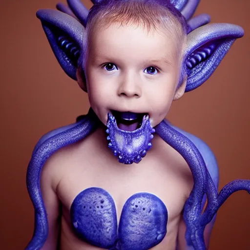 Image similar to beauty photograph of an adorable baby faced alien with tentacles on the sides of it's mouth, blue, tiny horns