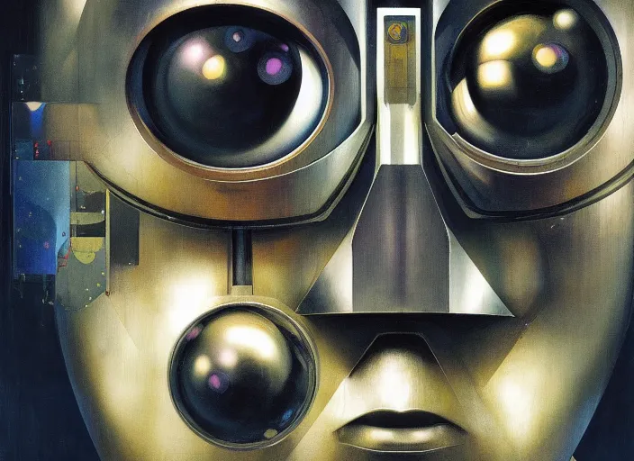 Prompt: a portrait of cyber - dog of sci fi metallic human, bright eyes, melancholic complex geometric figure liminal machinery by oskar schlemmer, moebius, john berkey, film grain, oil on canvas, portrait facial head, featured on artstation, hd wallpaper, 8 k by yoji shinkawa