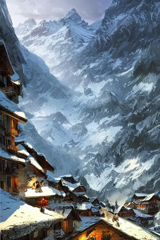 Prompt: beautiful digital illustration Swiss Alps by Marc Simonetti