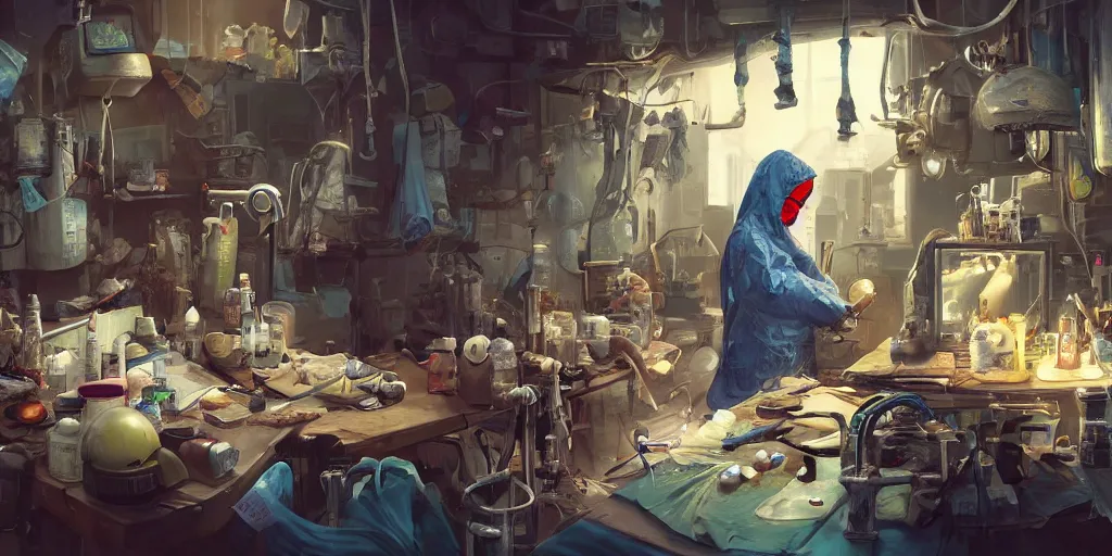 Prompt: an environmental concept art of a babushka surgeon in a cluttered mechanics workshop, surgical impliments, surgery table, highly detailed, cinematic, dramatic, cyberpunk