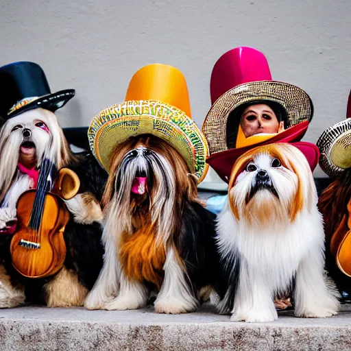 Image similar to a cream-colored Havanese shih tzu dogs dressed as mariachi musicians playing in a mariachi dog band, at fiesta in Mexico, Leica 35mm, 4K