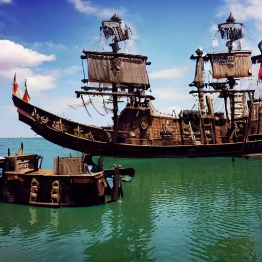 Image similar to a pirate ship, parked in a lake at a mall