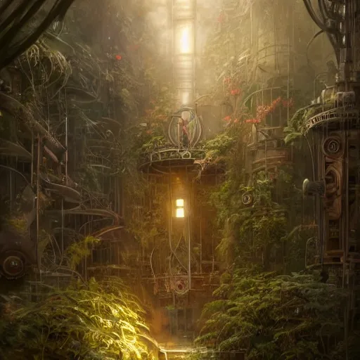 Prompt: a ultradetailed beautiful concept art of the core of a intricate steampunk machine where vegetation have start to peacefully grow in harmony with the machine, dynamic lighting, cinematic lighting, concept art, high resolution 4 k, by tom bagshaw, greg rutkowski, charli bowater and artgeem