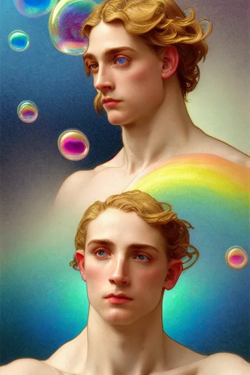 Image similar to bust of a man , strong boy, gradient rainbow, dreamy and ethereal, blue eyes, golden ratio, peaceful expression, ornate frilly dress, fantasy, intricate, elegant, rainbow bubbles, highly detailed, digital painting, artstation, concept art, smooth,b sharp focus, illustration, art by artgerm and greg rutkowski and alphonse mucha
