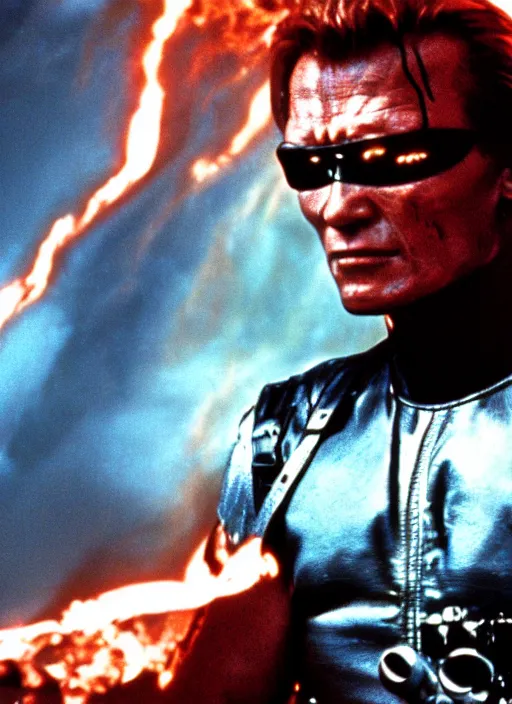 Image similar to film still of Patrick Swayze as The Terminator in Terminator, 4k