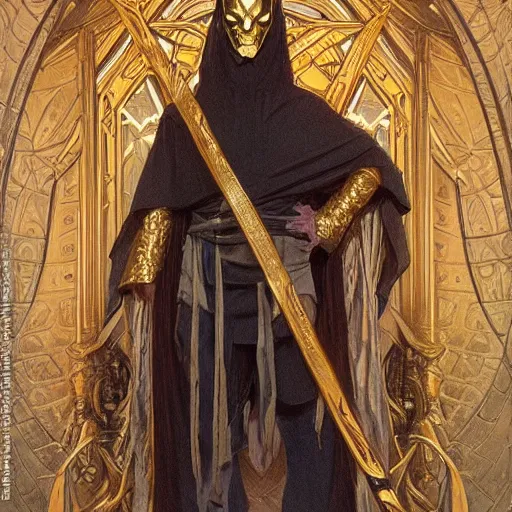 Image similar to Cult leader wearing black robes and a golden mask as a fantasy D&D character, portrait art by Donato Giancola and James Gurney, digital art, trending on artstation