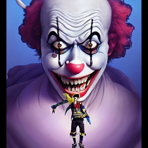 Image similar to highly detailed vfx portrait of buggy the clown by eiichiro oda, makoto shinkai, alphonse mucha, sharp focus, art by artgerm and greg rutkowski!, backlit, harsh overhead sunlight, blue eyes, stanley kybric, makoto yukimura, takeshi obata, kaoru mori, pixiv, fanbox,