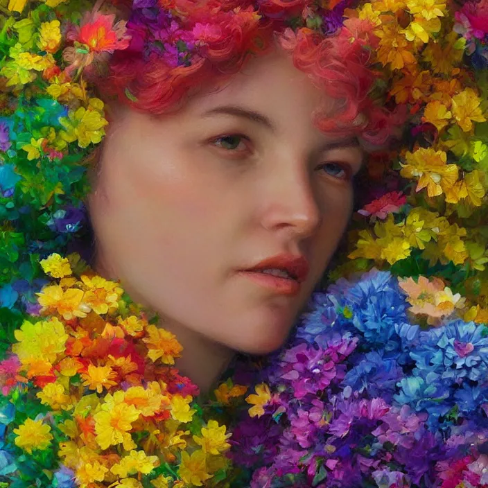 Image similar to portrait of women hugging made of colorful rainbow fractal flowers hugging , closeup character portrait art by Donato Giancola, Craig Mullins, digital art, trending on artstation