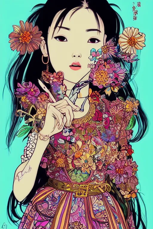 Image similar to beautiful lisa blackpink cyborg portrait girl female illustration detailed patterns art of thai traditional dress, flower pop art, floral splash painting, art by geof darrow, ashley wood, alphonse mucha, makoto shinkai