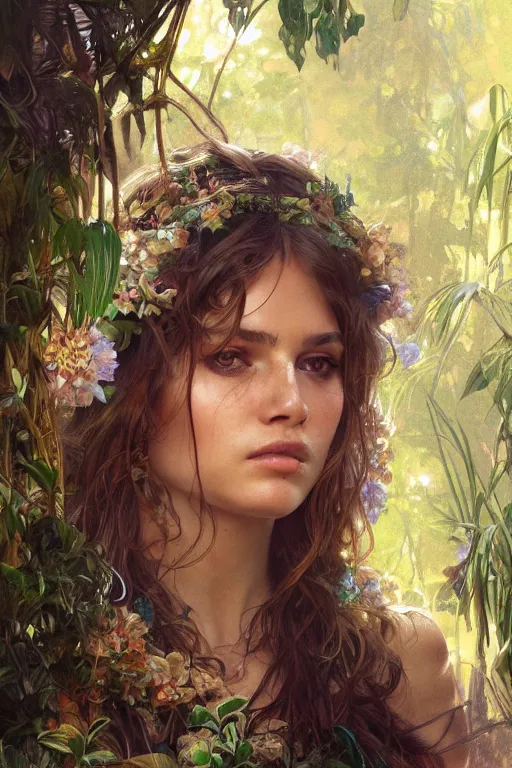 Prompt: ultra realistic illustration, bohemian girl in jungle, close up, staring directly into camera, intricate, elegant, highly detailed, digital painting, artstation, concept art, smooth, sharp focus, illustration, art by artgerm and greg rutkowski and alphonse mucha