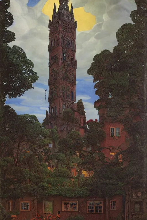 Prompt: view of the old tower and its gardens after a storm, tall windows lit up, beautiful ornamental architecture, dramatic cinematic lighting, rich colors, by Caspar David Friedrich and Diego Rivera and ford madox brown and Nicholas Roerich and April Gornik and Tyler Edlin, smooth, sharp focus, extremely detailed, featured on artstation