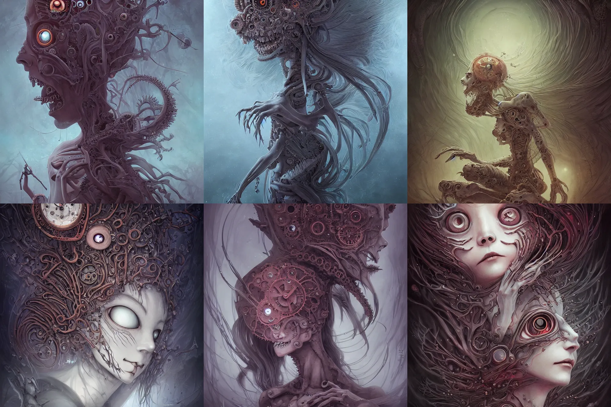 Prompt: detailed, sharp, cute humanoid female clockwork monster of necronomicon by Anna Dittmann and by studio ghibli and Tim Burton and Junji Ito and Zdzislaw Beksinski. digital art. surreal. featured on art station. anime arts. featured on Pixiv, HD, 8K, highly detailed, good lighting