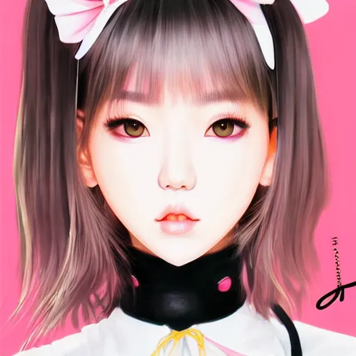 Image similar to realistic detailed semirealism beautiful gorgeous cute Blackpink Lalisa Manoban wearing Japanese school uniform, black hair black cat ears, black leather choker, proportional body, WLOP, Aztodio, Taejune Kim, sakimichan, ArtGerm, Pixiv, Instagram, Artstation