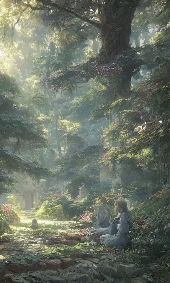 Image similar to the garden of inner peace, digital art, greg rutkowski,Quentin Mabille and Makoto Shinkai,trending on artstation and deviantart