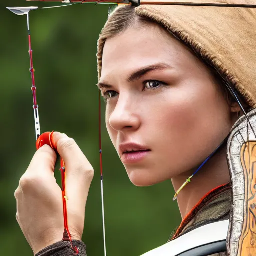 Prompt: photo realistic, consistent and highly detailed face, a attractive woman in archery, hunting - bow, uhd 8 k, highly detailed