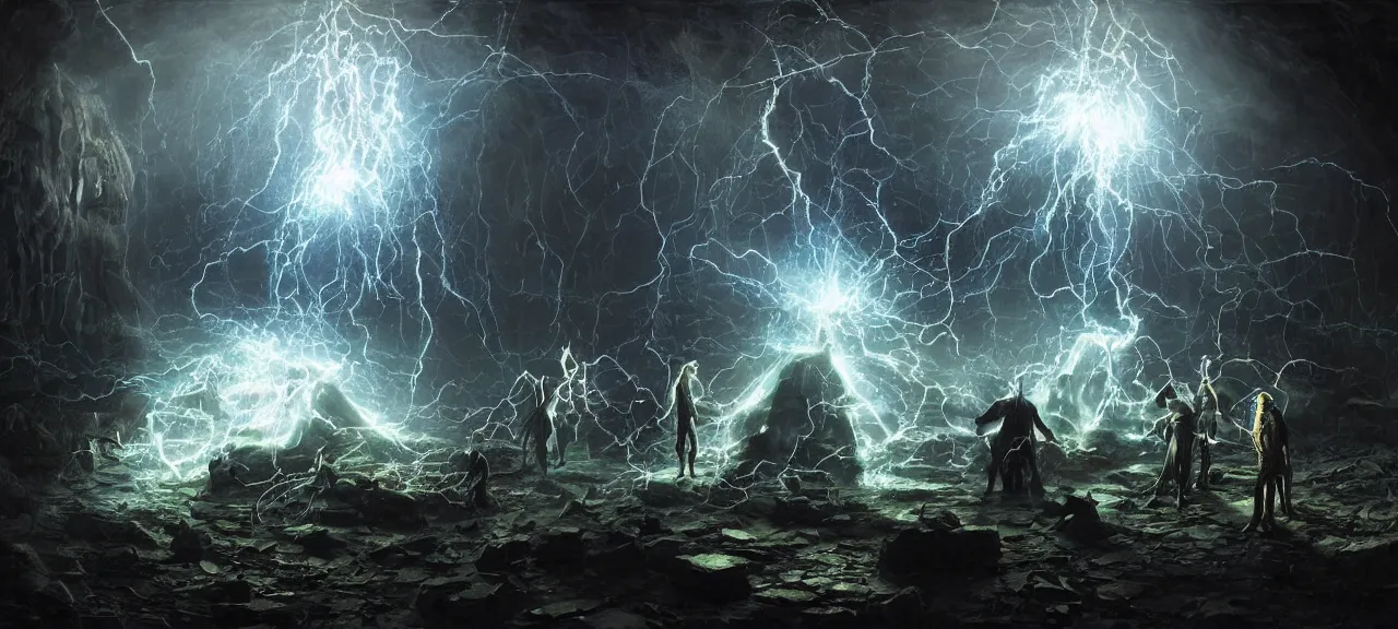Prompt: Six wizards standing in dark cave and shoot fireballs and energy beams from their magic staffs at DV character Black Adam, dark ancient atmosphere, full of glowing sparks floating randomly around and dramatic lighting, fluid particles rising from ground, great digital art with details, by Lee Madgwick and Martin Johnson Heade