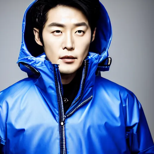 Image similar to a close up photographic portrait of a handsome korean actor wearing wet weather gear looking worried taken by annie leibowitz. cinematic lighting, blue background colour, 5 0 mm, subsurface scatter.