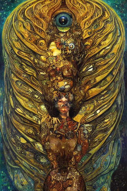 Image similar to Metamorphosis by Karol Bak, Jean Deville, Gustav Klimt, and Vincent Van Gogh, transformation portrait, chimera, visionary, cicada wings, otherworldly, fractal structures, ornate gilded medieval icon, third eye, hybrid, change, spirals, horizontal symmetry