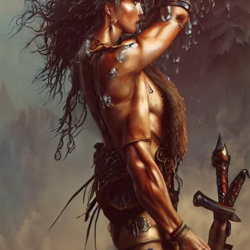 Prompt: beautiful warrior princess covered in sweat by gerald brom, photo realistic, 4 k