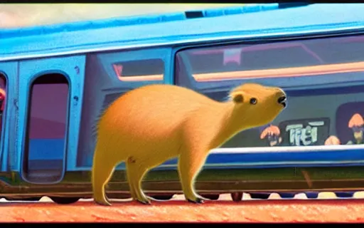Prompt: a young girl and her pet capybara in a train, art by hayao miyazaki, studio ghibli film, hi res, 4k, high detail