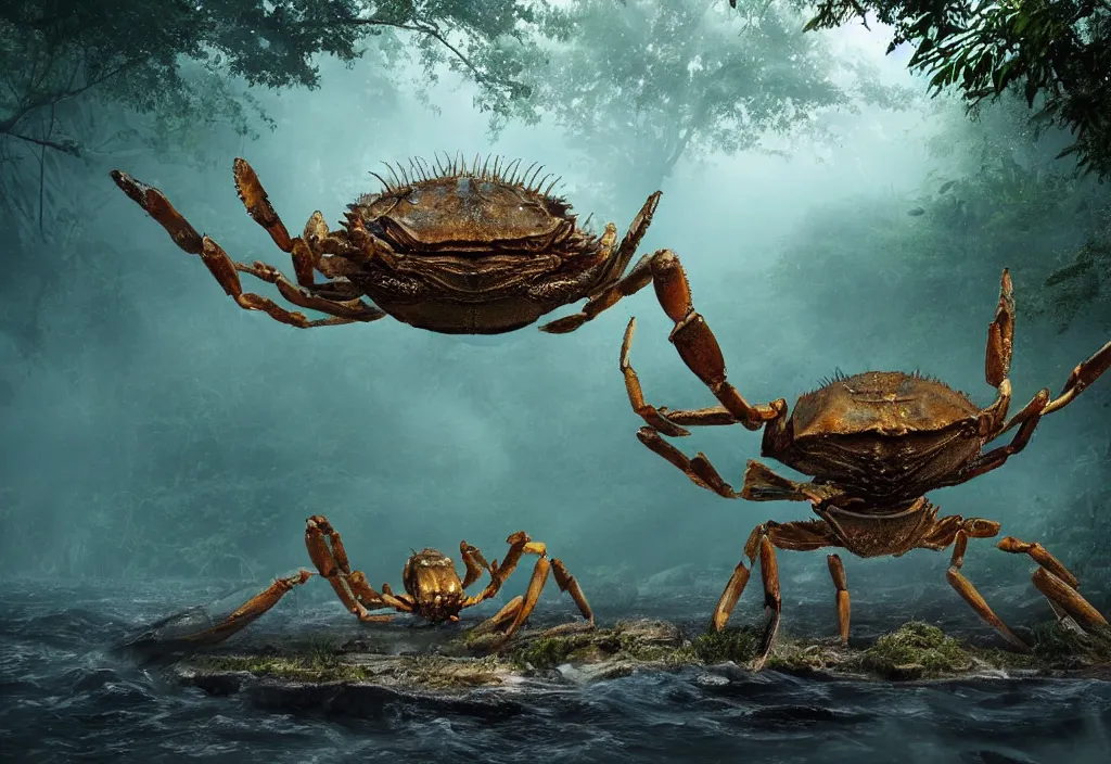 Image similar to an enormous giant crab king emerging from the waters, in a jungle with ominous light from above, ambient light, fog, river, very poetic