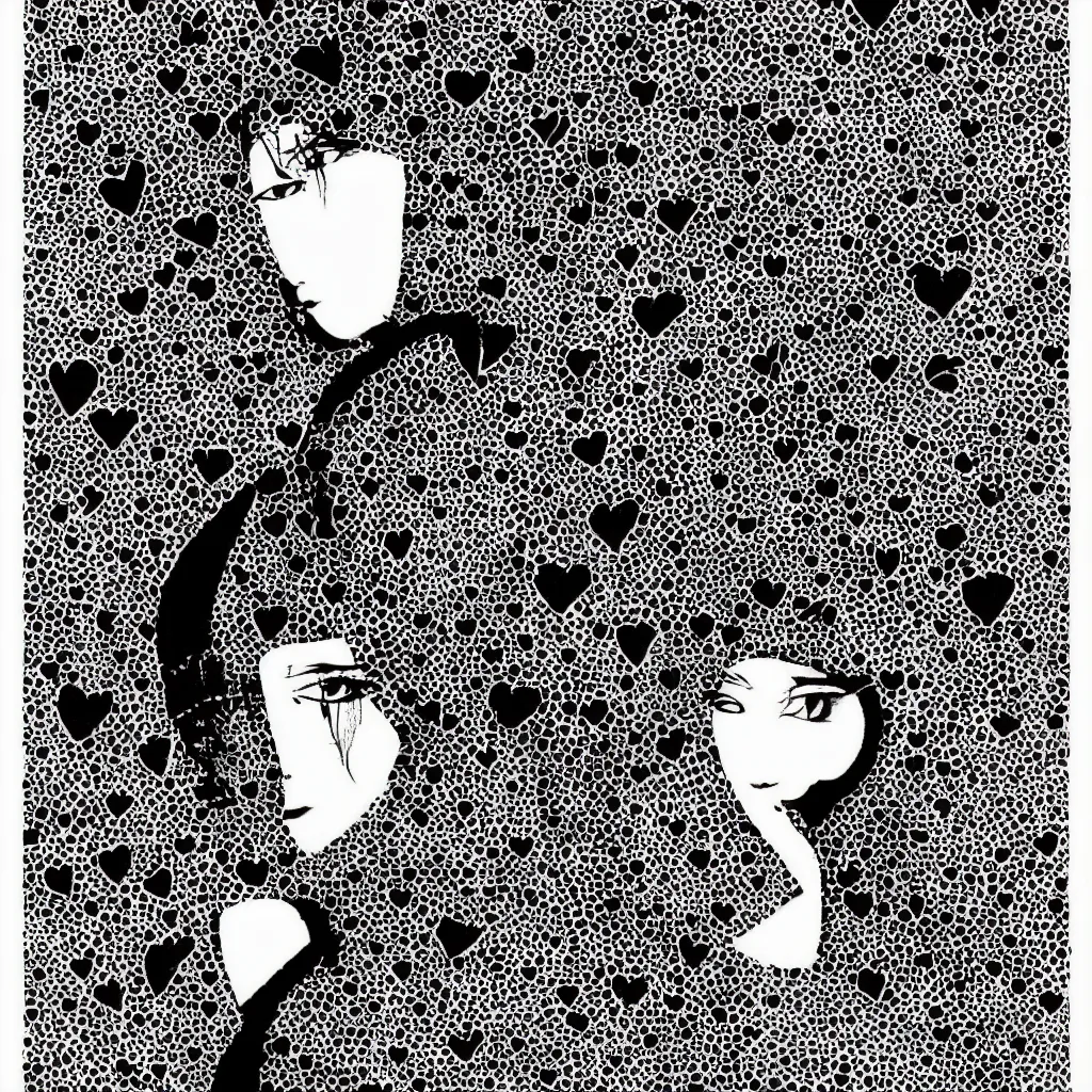 Image similar to woman, abstract, jet set radio artwork, ryuta ueda artwork, cryptic, ink, spots, asymmetry, stipple, lines, pointillism, crosshatching, linework, pitch bending, dark, ominous, eerie, hearts, minimal, points, technical, natsumi mukai artwrok, tight