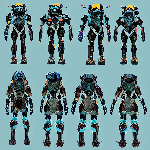 Image similar to character design sheets for an ancient manta ray battle mech suit, art by tim shafer from his work on psychonauts 2 by double fine, and inspired by splatoon by nintendo, blacklight