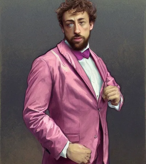 Prompt: Gigachad Sam Hyde in a pink luxurious suit, ready for battle, boxing stance, wearing candy cane boxing gloves, sigma male, buff, accurately portrayed, portrait art by alphonse mucha and greg rutkowski, highly detailed, digital painting, concept art, illustration, dim lighting with twilight rays of sunlight, trending on artstation, very detailed, smooth, sharp focus, octane render, close up