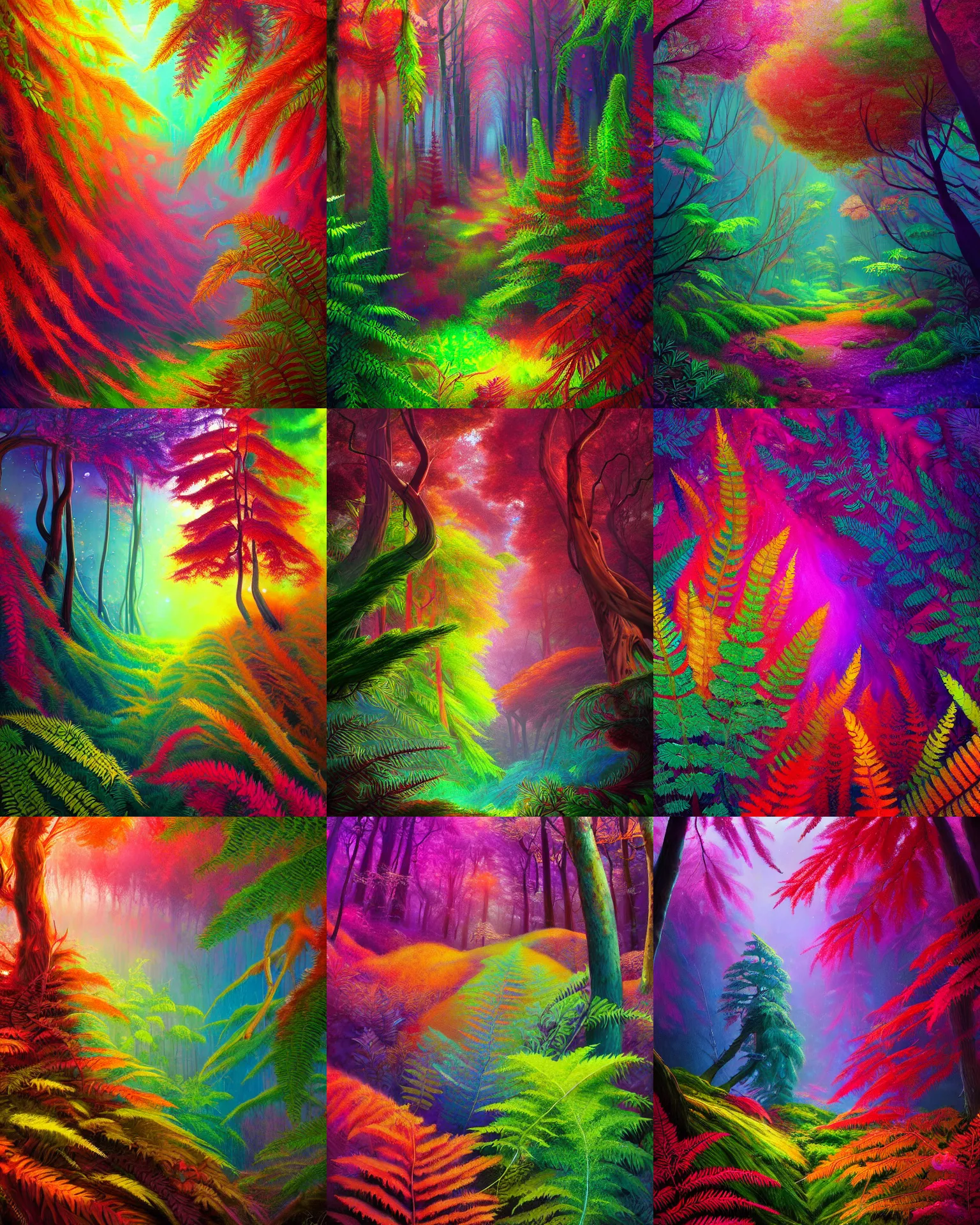 Prompt: a painting of a tree in a colorful forest, distant, ferns, detailed, 4 k, digital art, by android jones, cgsociety, psychedelic art, psychedelic, vibrant colors, vivid colors