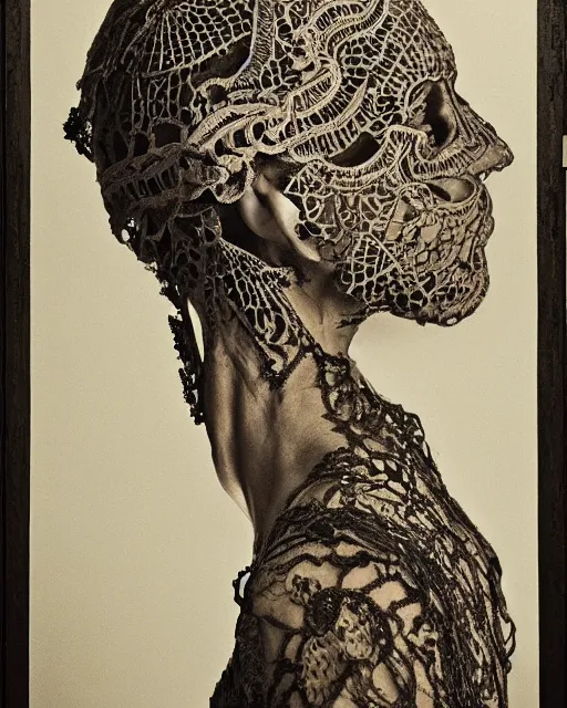 Image similar to a woman's face in profile, made of intricate decorative lace skeleton, in the style of the dutch masters and gregory crewdson, dark and moody