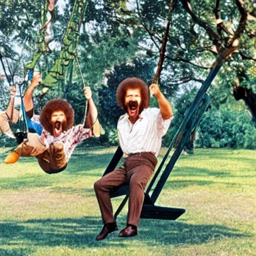 Prompt: bob ross screaming on a swingset