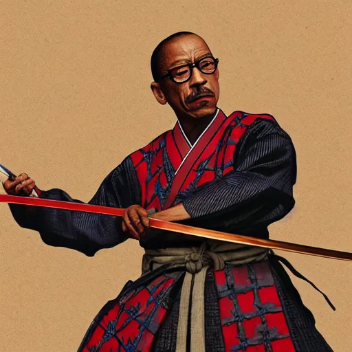 Image similar to gus fring from breaking bad wearing samurai armor and holding a katana in feudal japan, 4 k, hyper realistic, ink block painting, edo period