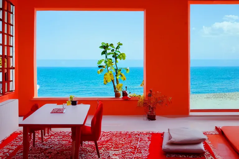 Image similar to a room of a villa with orange walls white floor plants, red piano, a big window with a view of the beach and sea, beautiful cinematic masterpiece very detailed