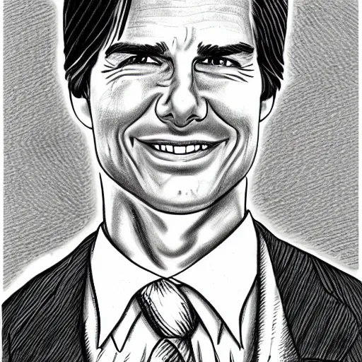 Image similar to a portrait drawing of Tom Cruise drawn by Robert Crumb