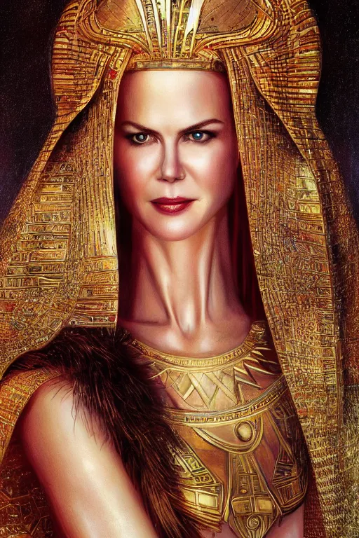 Prompt: Nicole Kidman as egyptian princess, gorgeous, portrait, powerful, intricate, beautiful, masterpiece, elegant, volumetric lighting, digital painting, highly detailed, artstation, sharp focus, illustration, Hajime sorayama, ruan jia