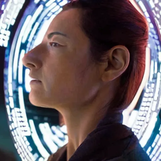 Prompt: woman interacting with small holographic display floating in front of her face, from the expanse ( 2 0 1 5 )