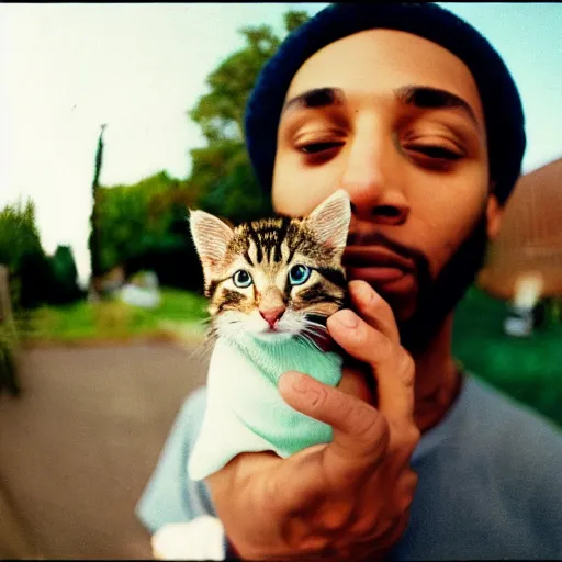 Prompt: photo fisheye lens of rapper holding a kitten, 1 9 9 0 s, full - hd