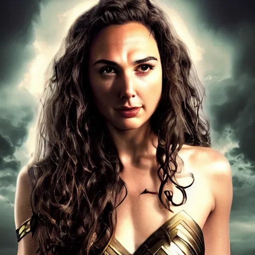 Prompt: Full body photo of the beautiful woman Gal Gadot as Medusa the greek goddess, she is looking straight to the camera, she has a glow coming from her, she is getting illuminated for rays of light, behind her is a scary atmosphere, the photo was taking by Annie Leibovitz, matte painting, oil painting, naturalism, 4k, 8k