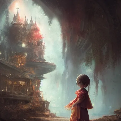 Image similar to a cute little girl waiting on the bridge of heaven and watching the hell, magical world, by greg rutkowski, sung choi, photo realistic, 8 k, cinematic lighting, hd, atmospheric, hyperdetailed, trending on artstation, devainart, digital painting, glow effect