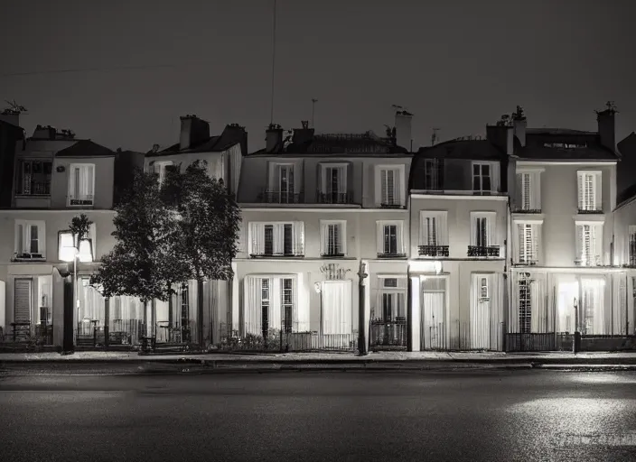 Image similar to small suburban houses in Paris at night inspired by Edward Hopper, Photographic stills, photography, fantasy, moody lighting, dark mood, imagination, cinematic