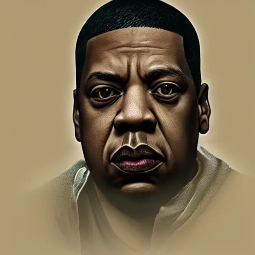 Image similar to jay z, 3 d character art, wearing basketball jersey, cinematic lighting symmetrical facial features, from arknights, hyper realistic, 4 k, rule of thirds, extreme detail, detailed drawing, trending artstation, realistic lighting, by alphonse mucha, greg rutkowski, short neck