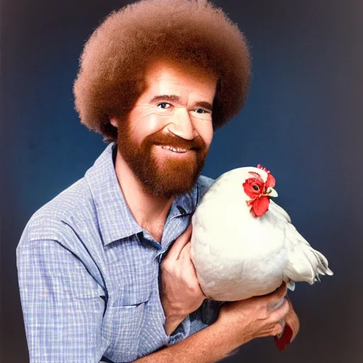 Image similar to bob ross holding a chicken, portrait,